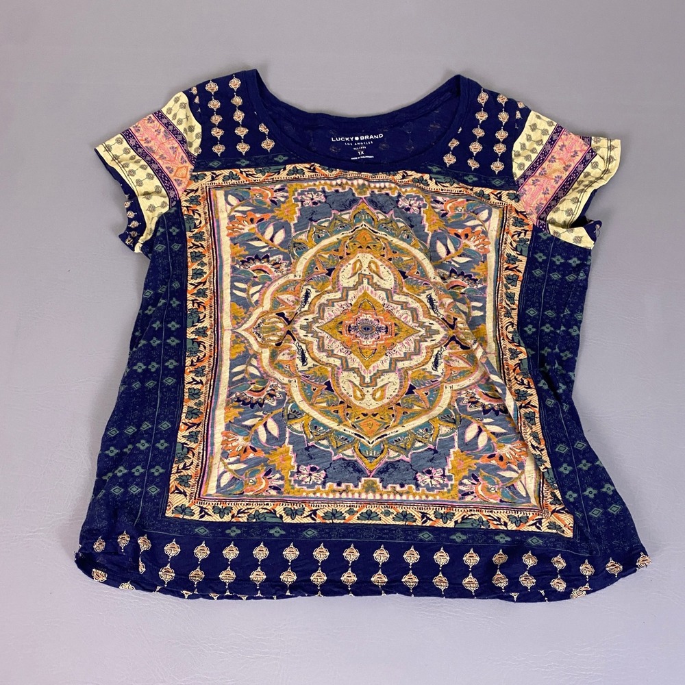 Lucky Brand T-Shirt Blouse Women's‎ Plus 1X Navy Blue Boho Mandala Short Sleeve